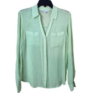 Candies Sheer Button-Down Green V-Neck Blouse Size Medium